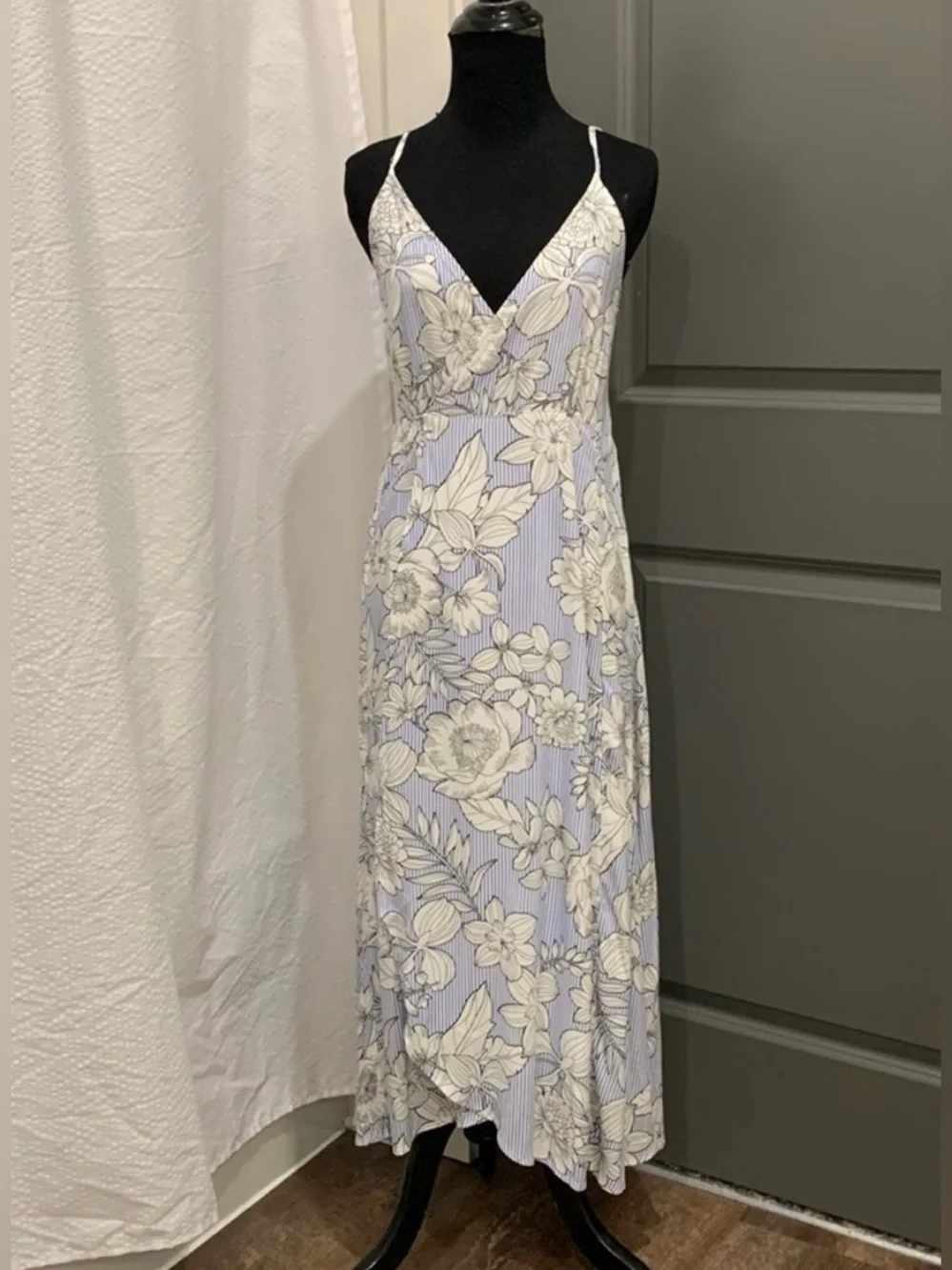 Anthropologie Light Blue and White Floral V-Neck Maxi Dress - Picture 1 of 7
